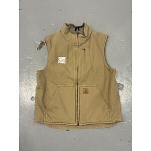 Carhartt Sherpa Lined Duck Vest Mens Medium Tan Brown Full Zip Canvas Work Vest